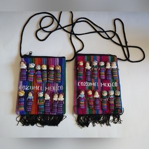 Lot of 2 Cozumel Mexico Multicolor Purse Bag Worry Dolls Souvenir Women's Girls